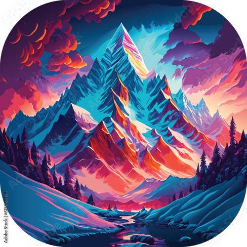 Vector wallpaper with a landscape, a mountain majestic mountain range with snow-capped peaks and sprawling glaciers, poster art , richly colored skies.