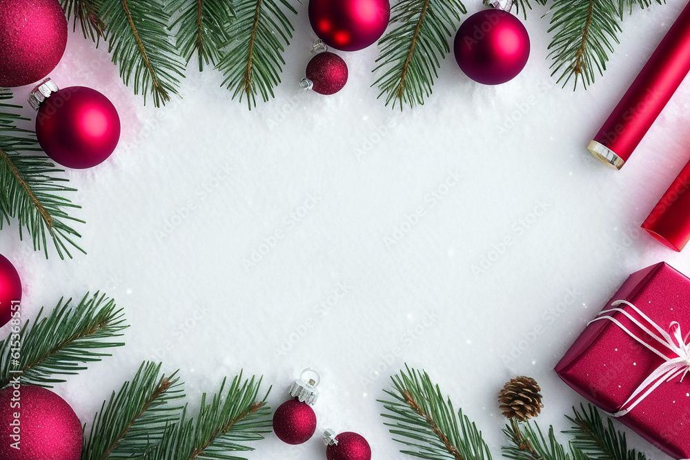 Merry Christmas. Christmas background, toys, cookies and Christmas tree branches lie on snow boards. Generative AI Merry Christmas. Christmas background, toys, cookies and Christmas tree branches lie on snow boards. Generative AI