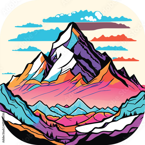 Vector wallpaper with a landscape, a mountain majestic mountain range with snow-capped peaks and sprawling glaciers, poster art , richly colored skies.