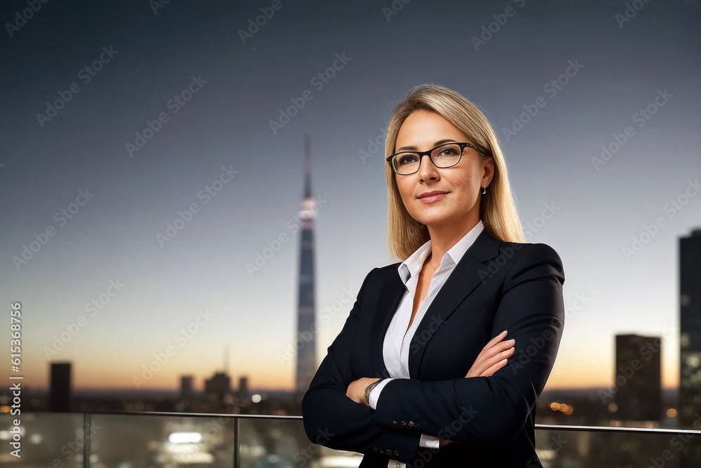Female businesswoman chief, mature caucasian woman boss in large corporation. Generative AI Female businesswoman chief, mature caucasian woman boss in large corporation. Generative AI