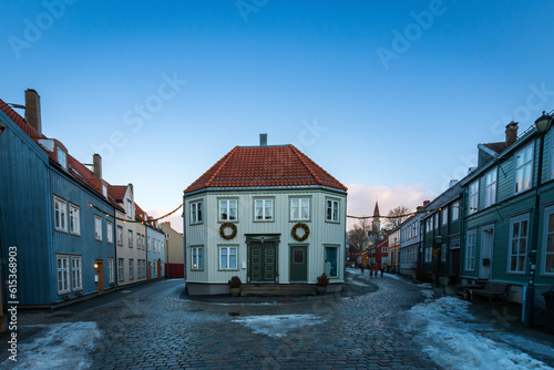 Nedre Baklandet street in Trondheim, Norway in winter
