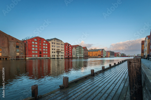 Colorful historic timber storehouses in Trondheim, Norway in winter