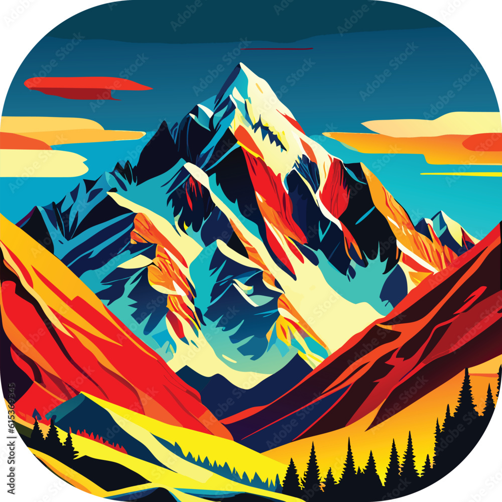 Vector wallpaper with a landscape, a mountain majestic mountain range with snow-capped peaks and sprawling glaciers, poster art , richly colored skies.