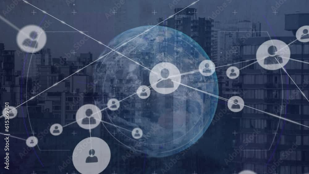 Animation of connected icons over globe in circle against modern city in background Animation of connected icons over globe in circle against modern city in background