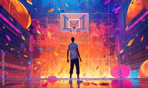 Professional Athlete Male Basketball Player, Sport Man Playing Basketball Colorful Background. Generative Ai
