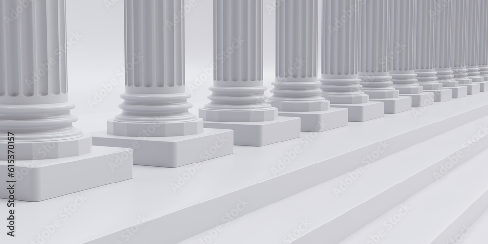 White marble pillar and step in row on white background. Down part of column with stair. 3d render