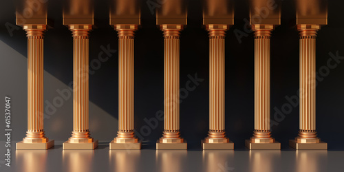 Six golden pillar in row on empty grey background. Ancient Greece, copy space. 3d render