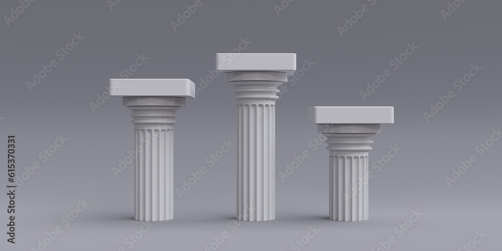 Three white winner podium on empty grey background. Classical Doric rhythm, copy space. 3d render Three white winner podium on empty grey background. Classical Doric rhythm, copy space. 3d render