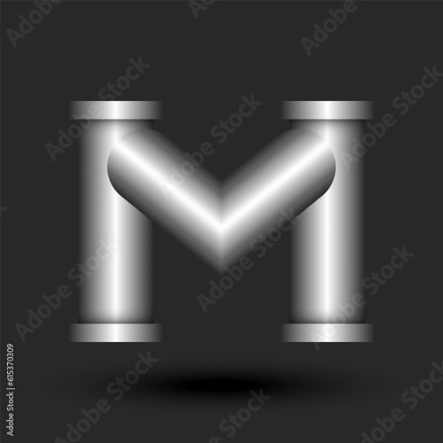 Letter M logo monogram 3d metallic line pipe shape construction with flanges, silver colored creative typography identity, logotype industrial style design.
