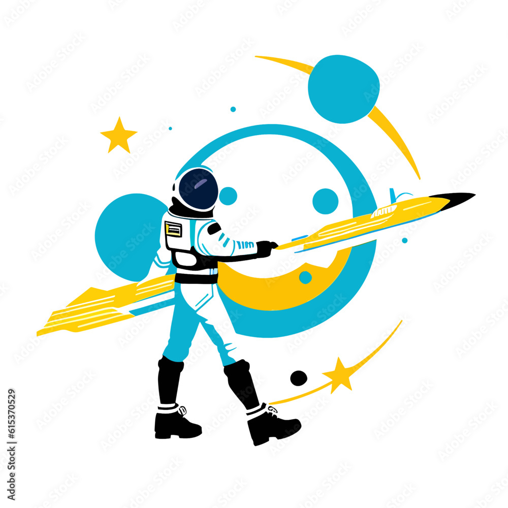 Fototapeta premium illustration of a person with a rocket.vector illustration of sci-fi space background, futuristic themed outer space, astronauts, planets