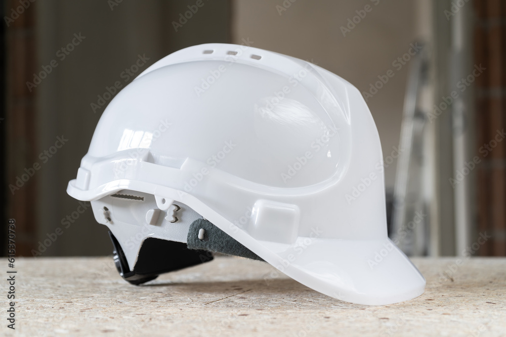 Fototapeta premium Hard hat safety helmet, used in industrial workplace. Worker head protection from injury on a construction site.