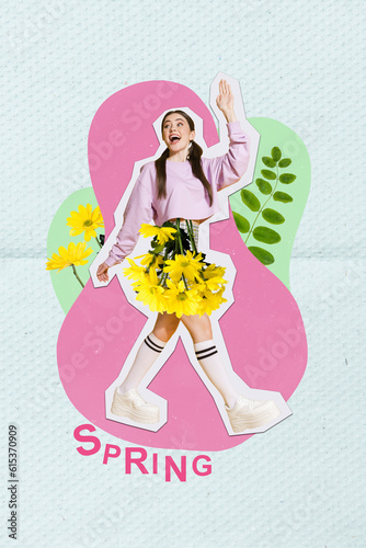 Vertical collage picture of pretty positive girl walking arm palm waving hello daisy flowers skirt isolated on paper spring background