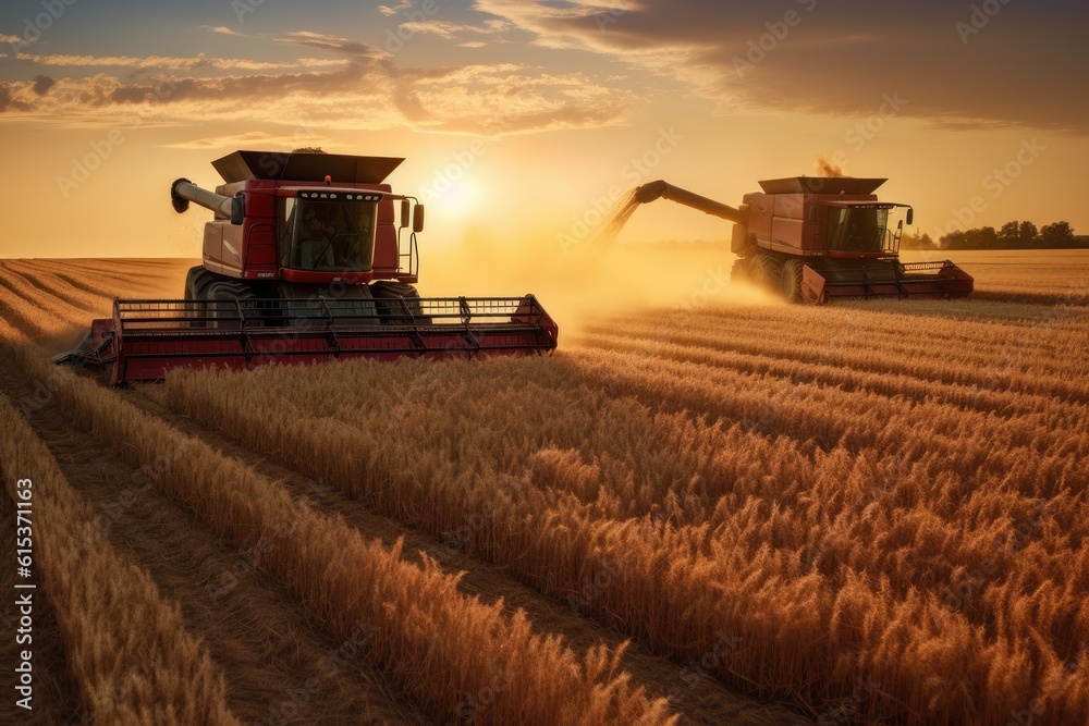 Obraz premium Two combine harvesters. Generative AI