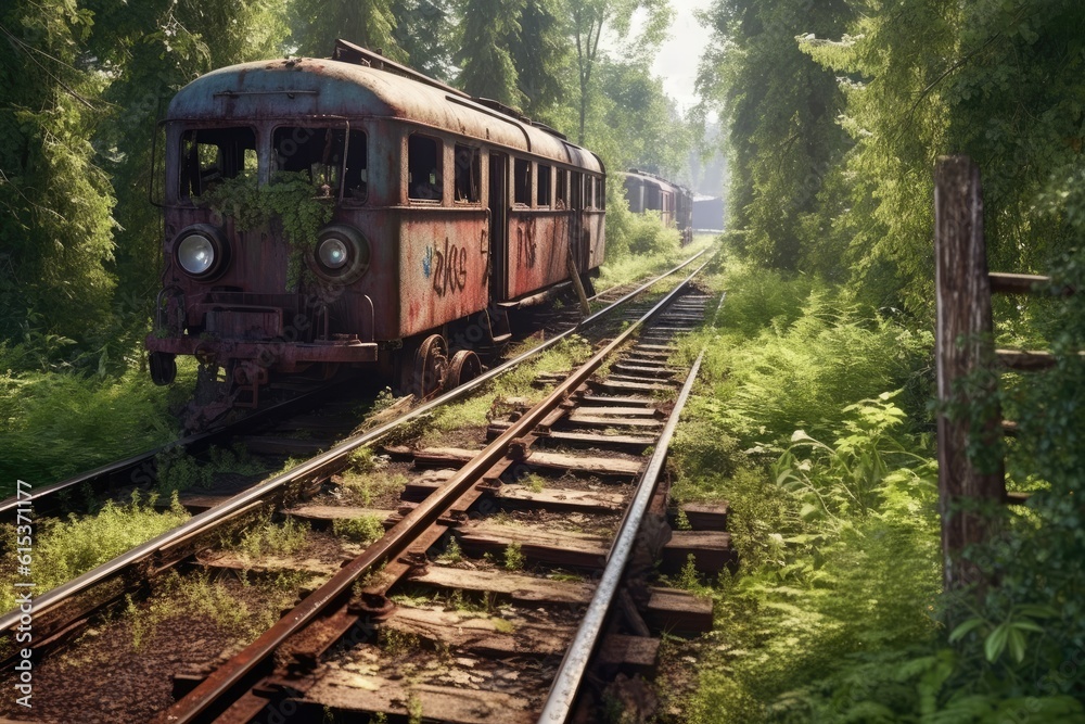 Old tourist train with rusty rail. Generative AI Old tourist train with rusty rail. Generative AI