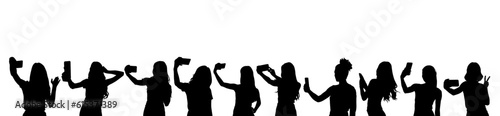 Women taking selfie and talking on mobile phone. Set of women taking selfie silhouette vector illustration.