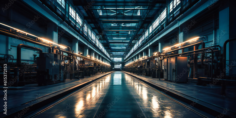a production facility with lights and machinery a production facility with lights and machinery