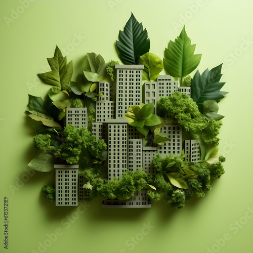 building made of leaves, skyscraper leaf, icon, symbol, recycling, ecology, upcycling, concept, responsible and ecological building, environment, housing, logotype, made with generative AI photo