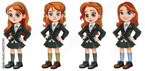 Set of girl student cartoon in different uniform