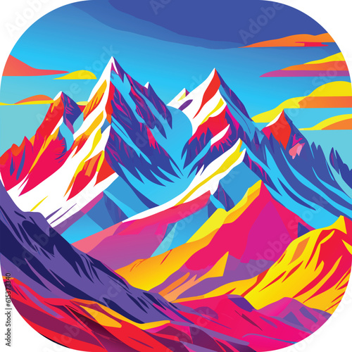 Vector wallpaper with a landscape, a mountain majestic mountain range with snow-capped peaks and sprawling glaciers, poster art , richly colored skies.