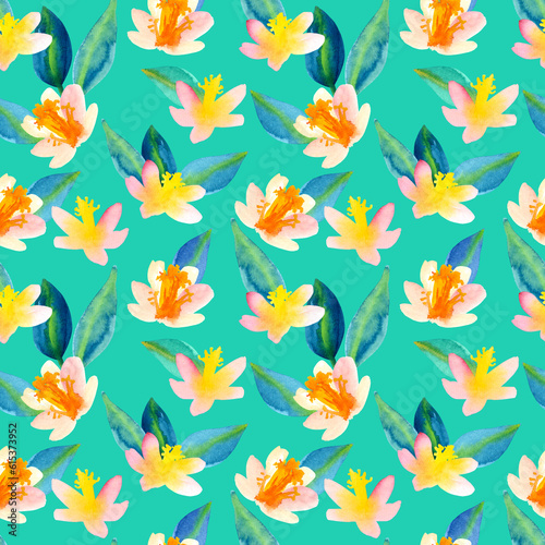 Seamless pattern of watercolor tropical orabge pink and yellow flowers and blue green leaves. Hand drawn illustration. Botanical hand painted floral elements on green background.