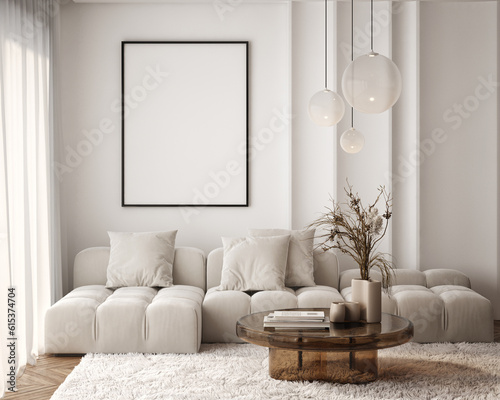 Mockup poster frame on the wall of living room. Luxurious apartment background with contemporary design. Modern interior design. 3D render, 3D illustration photo