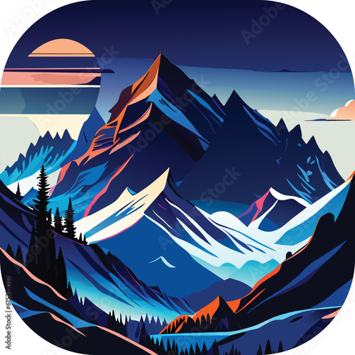 Vector wallpaper with a landscape, a mountain majestic mountain range with snow-capped peaks and sprawling glaciers, poster art , richly colored skies.