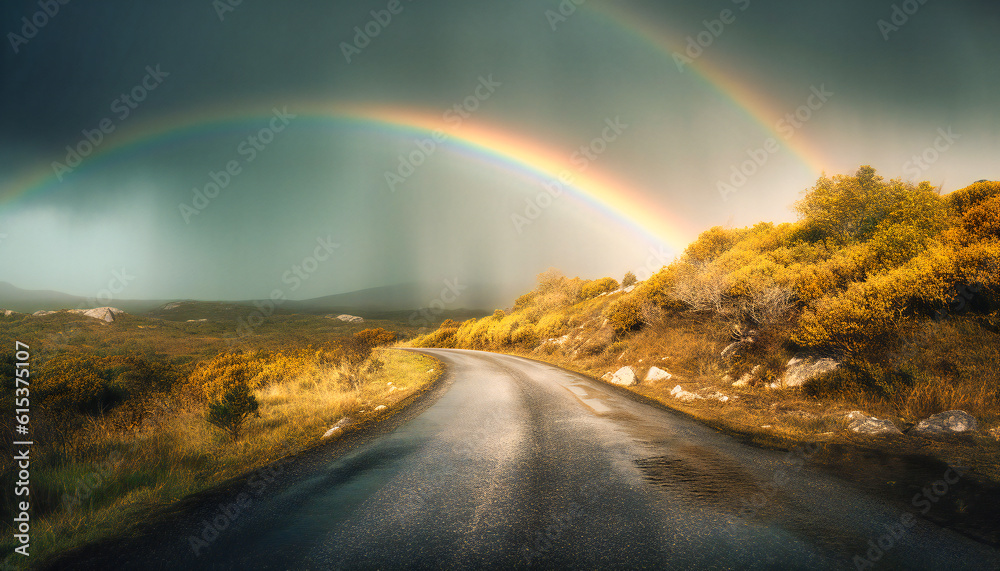 a rainbow spans across the road as it is raining