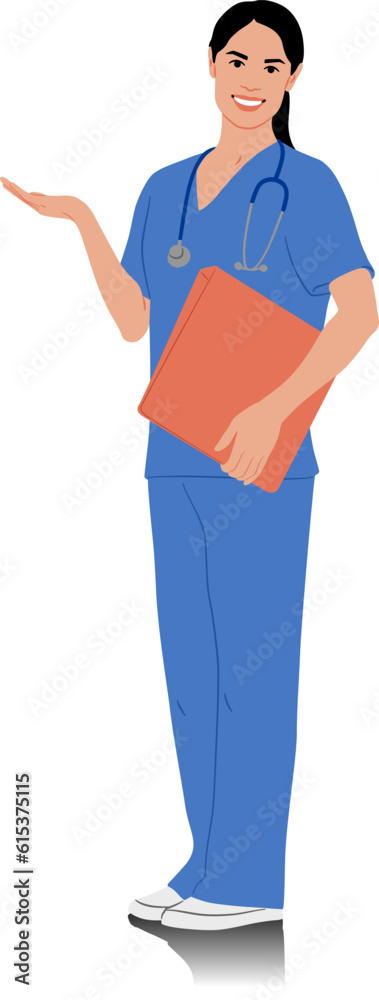 Hand-drawn female healthcare worker. Happy smiling female doctor with a stethoscope. Nurse in blue uniform holding folder. Vector flat style illustration set isolated on white. Full length view Hand-drawn female healthcare worker. Happy smiling female doctor with a stethoscope. Nurse in blue uniform holding folder. Vector flat style illustration set isolated on white. Full length view