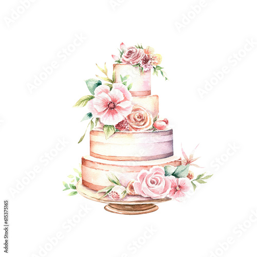 Wedding cake on a stand decorated with flowers. Hand drawn watercolor illustration of sweet dessert isolated on white background. Design for cards, invites, wedding printing