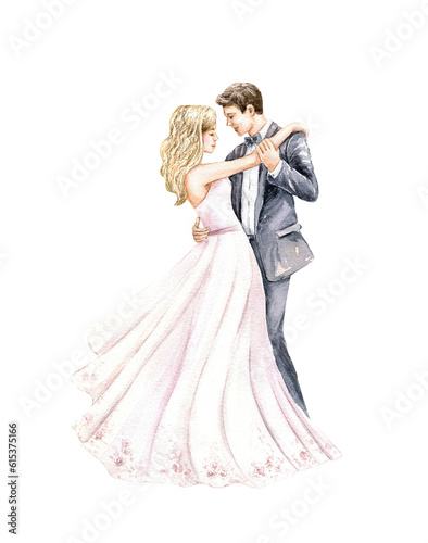 Wedding couple, bride and groom dance. Happy just married young people. Watercolor art. Hand drawn illustration isolated on white background. For invitation, save the date, card design.