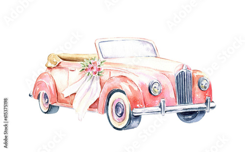 Red Vintage Wedding Car for Newlyweds. Hand drawn watercolor illustration on white background. Design for cards, invites, prints.