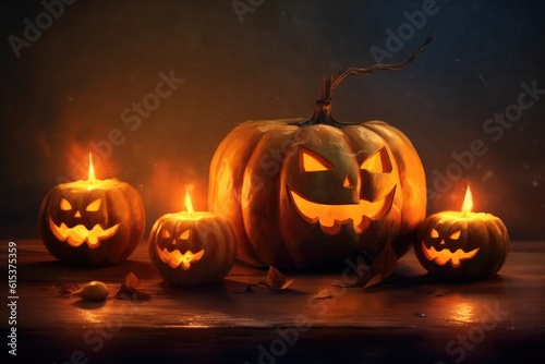 Halloween, Candle lit with Halloween Pumpkins, Holiday illustration banner.