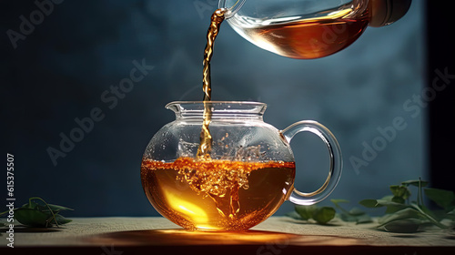 Jug pouring hot tea into glass cup with green tea leaves in the air, Healthy products by organic natural ingredients concept, Empty space in studio shot.