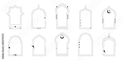 Set of oriental style arabic borders. Collection of linear style Islamic windows, arches and doors in boho style. Arabic minimal shape arch. Design element for design, label Ramadan kareem. Line art