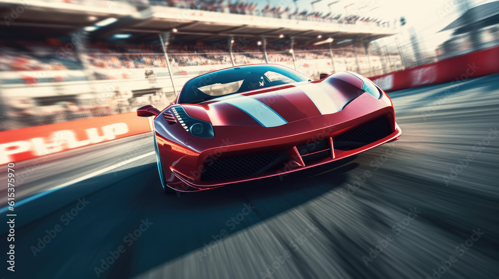 Obraz premium Sports car moving at high speed on a racetrack, There is motion blur to the track.