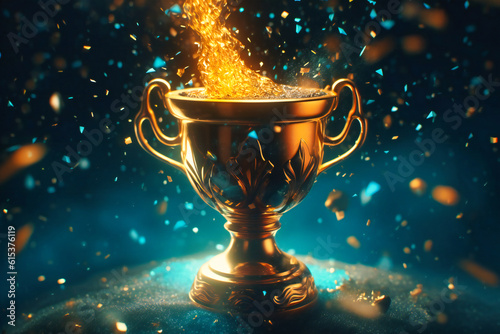 gold trophy cup full of brightly spiling stars photo