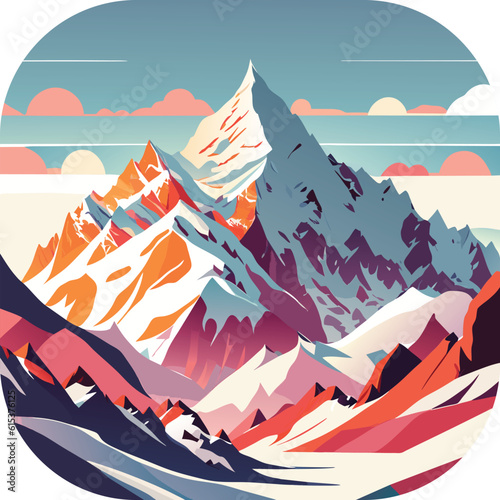 Vector wallpaper with a landscape, a mountain majestic mountain range with snow-capped peaks and sprawling glaciers, poster art , richly colored skies.