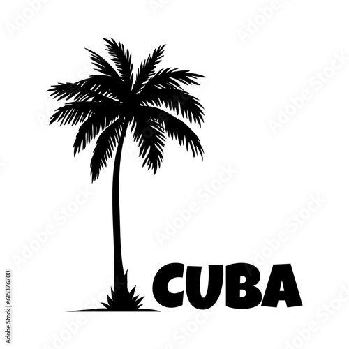 Logo vacaciones en Cuba. Letras de la palabra Cuba en la arena de una playa con silueta de palmera © teracreonte