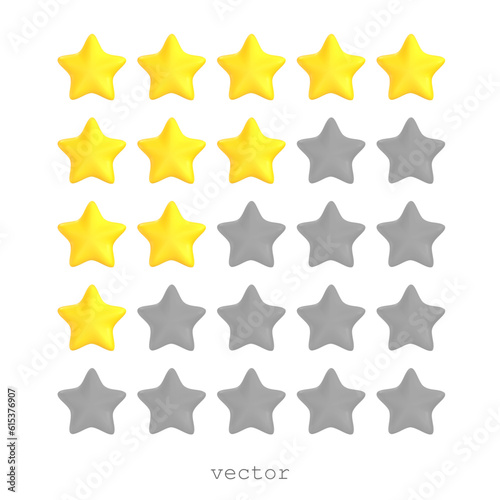 Five 3D vector stars, yellow and grey colors. Customer rating feedback concept. Realistic 3d cartoon ctyle. For web design, ranking of website or mobile applications. Vector illustration isolated on