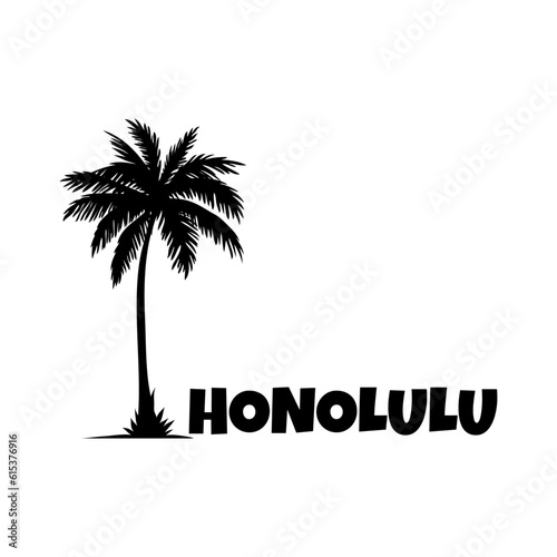 Logo vacaciones en Hawái. Letras de la palabra Honolulu en la arena de una playa con silueta de la palma