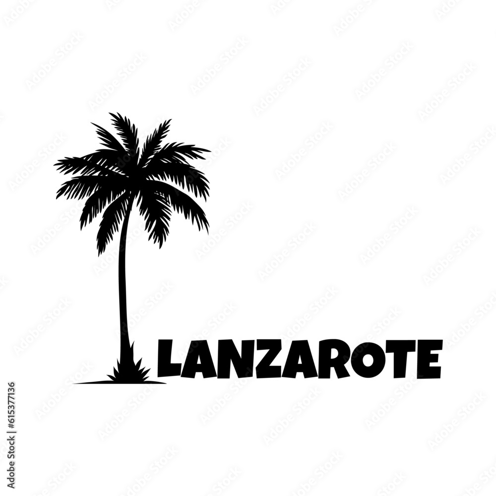 Logo vacaciones en las Islas Canarias. Letras de la palabra Lanzarote en la arena de una playa con silueta de palmera