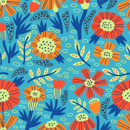 Flower Marigold seamless pattern. Hand Drawn nature floral. Vector surface background for fabric  textile  wallpaper