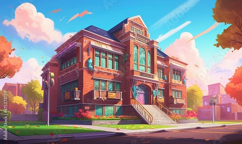 Colorful Modern School Building Illustration. Back to School Background. Generative Ai © CYBERUSS