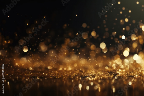 Glitter defocused abstract Twinkly Lights with golden dust and shine. Bright futuristic luxury for Christmas and party backdrop. AI Generative.
