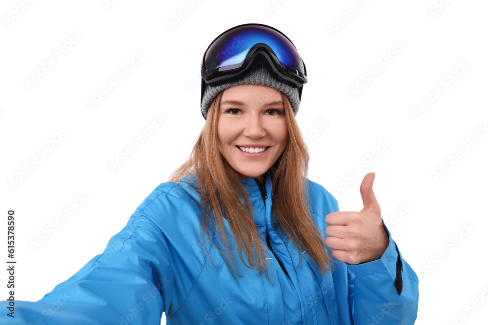 Beautiful woman in ski goggles taking selfie on white background Beautiful woman in ski goggles taking selfie on white background