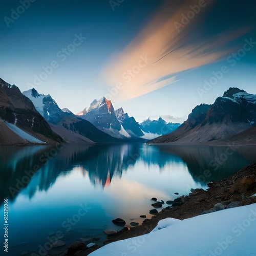  Winter Serenity  Breathtaking Snow-Capped Mountains and Serene Lake    Frozen Beauty  Panoramic Snow-Capped Mountains and Serene Lake in Winter Generative with Ai