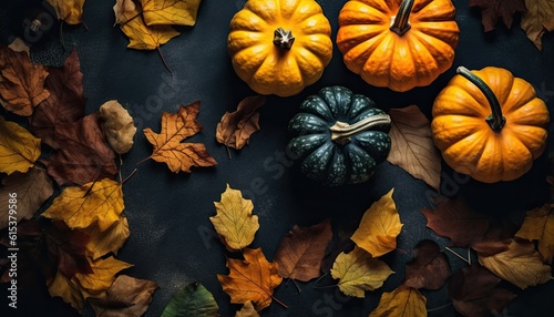Festive autumn decor with pumpkins, berries and leaves on a dark wooden background. Concept of Thanksgiving day or Halloween. 