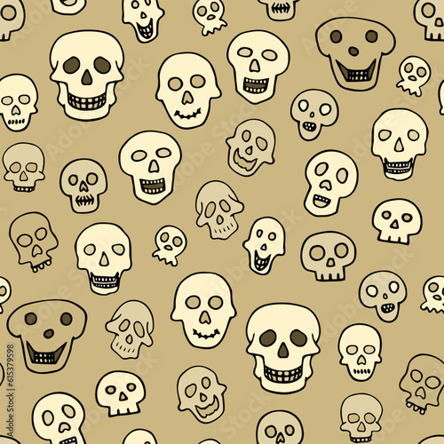 Doodle Halloween sculls seamless pattern. Color Skeleton on beige background. Hand-drawn scary cranium. Mystical sketch character. Vector illustration for spooky autumn holiday, The day of the Dead