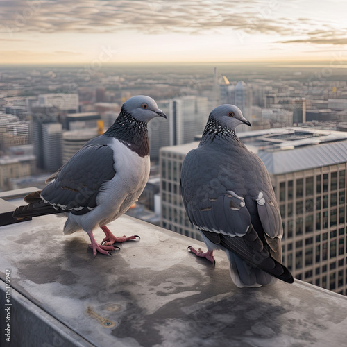 Skyscraper Conversations: Pigeons Discussing Social Topics on the Rooftop