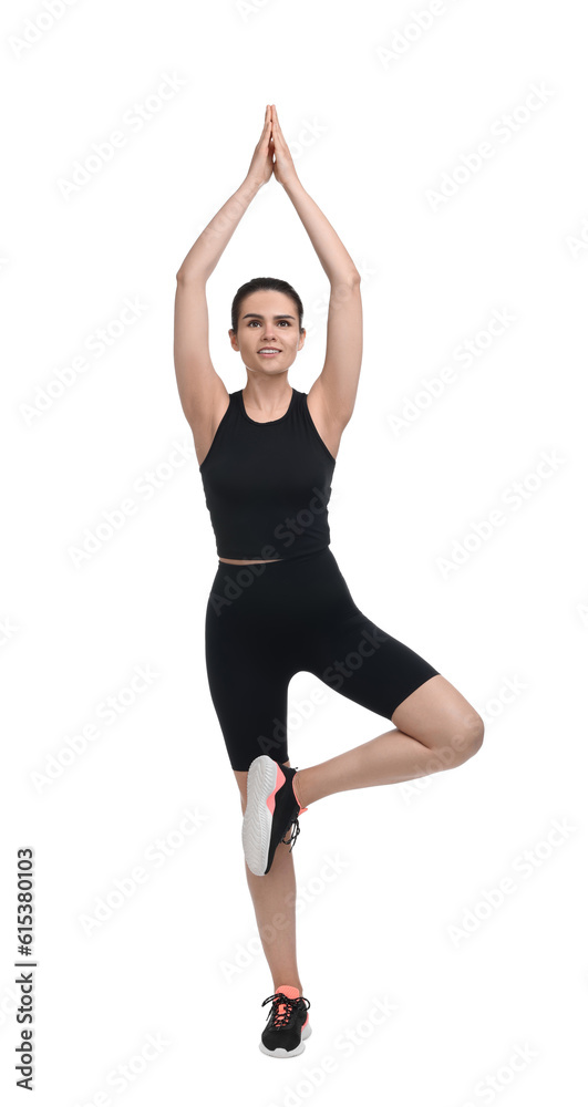 Happy woman doing morning exercise on white background Happy woman doing morning exercise on white background